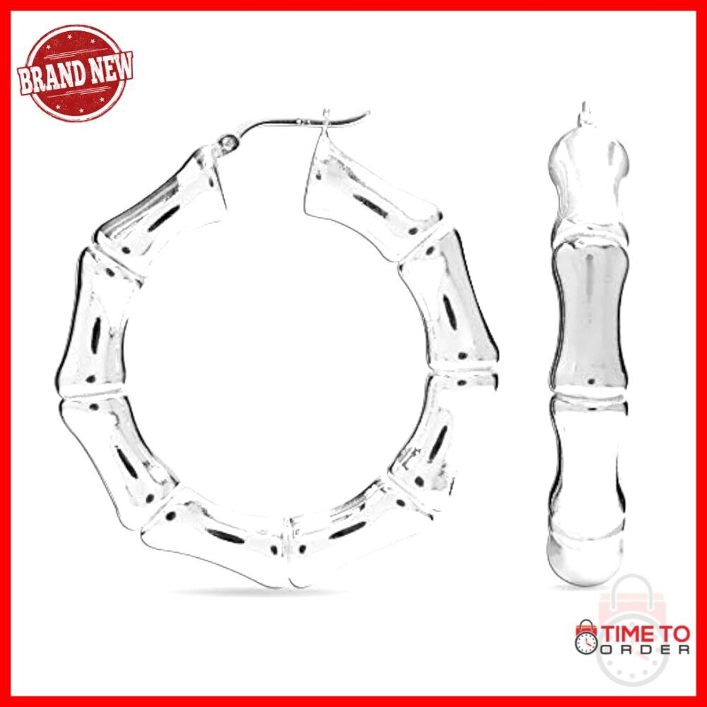 Large 50mm Sterling Silver Bamboo Hoop Earrings, Click Closure